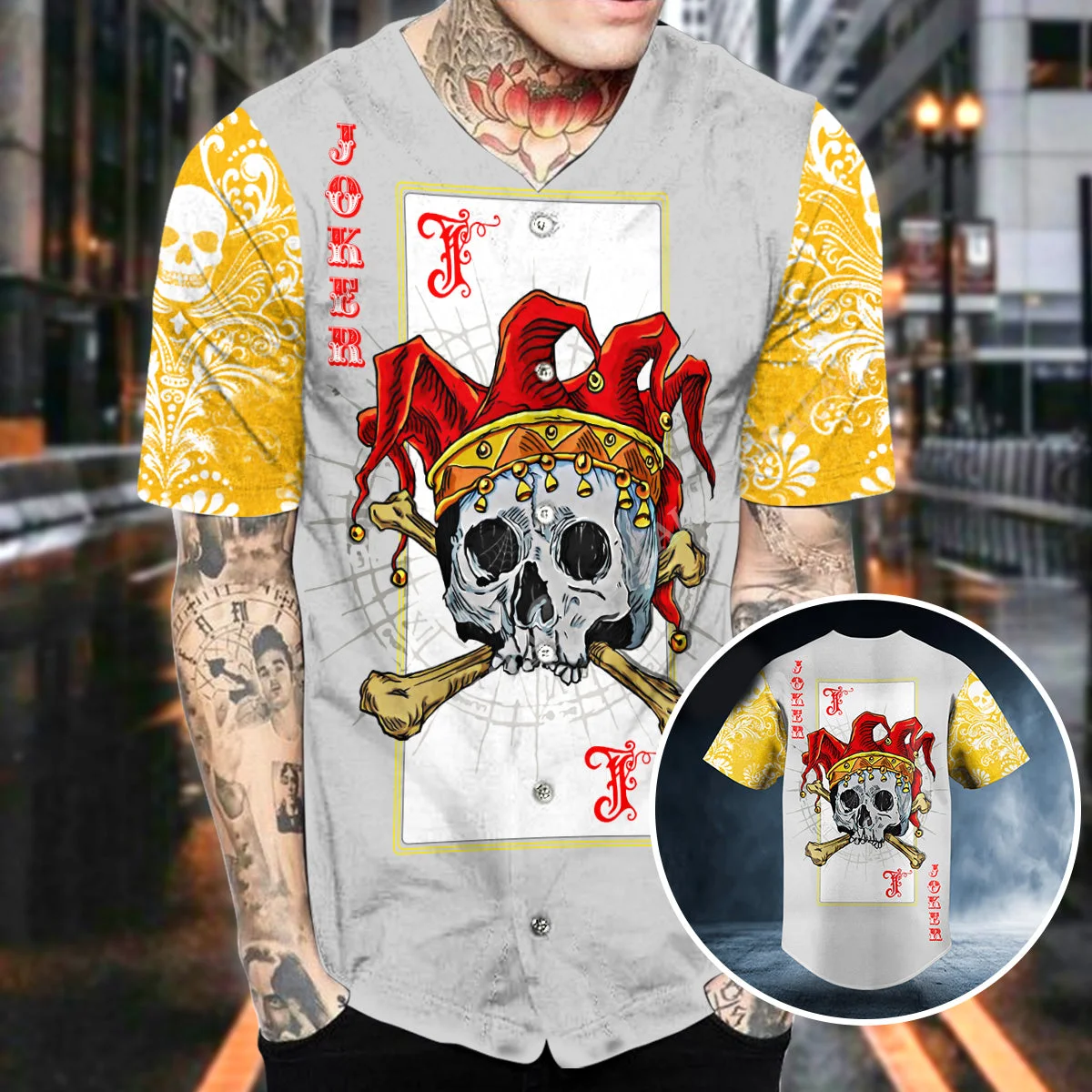 

X-SAFALA Joker Card Skull 3D Print Baseball Jersey Shirt T-Shirt Top Tee Men Streetwear Short Sleeve V-Neck Hip Hop