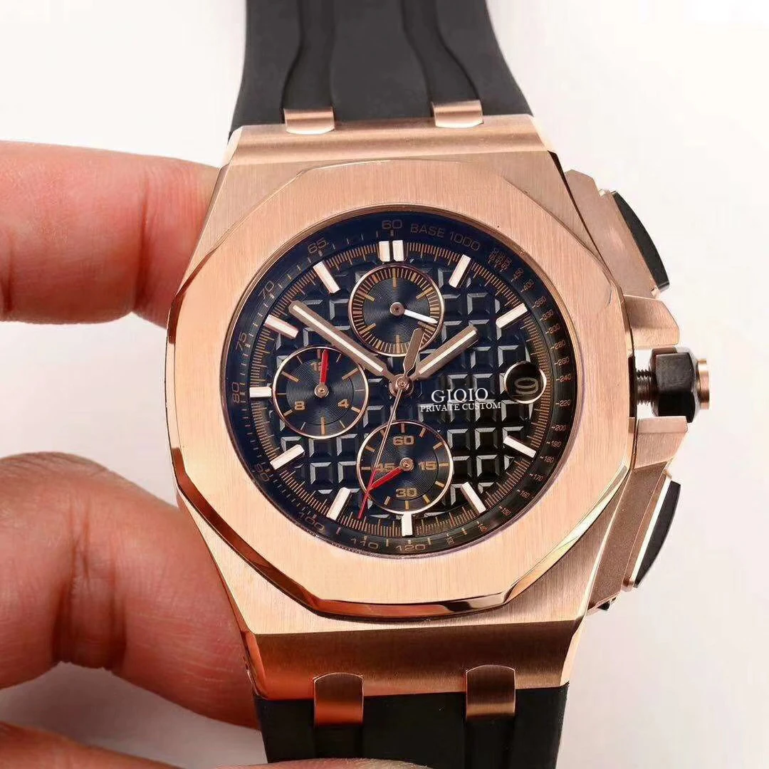 

Quartz Chronograph Men Watch Rose Gold Black Blue Rubber