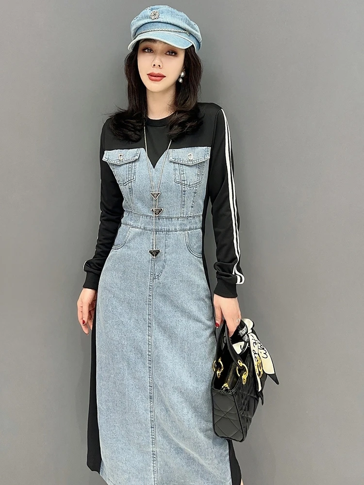 

SuperAen 2023 Spring Summer New Korean Fashion Casual Fake Two Piece Denim Dress for Women