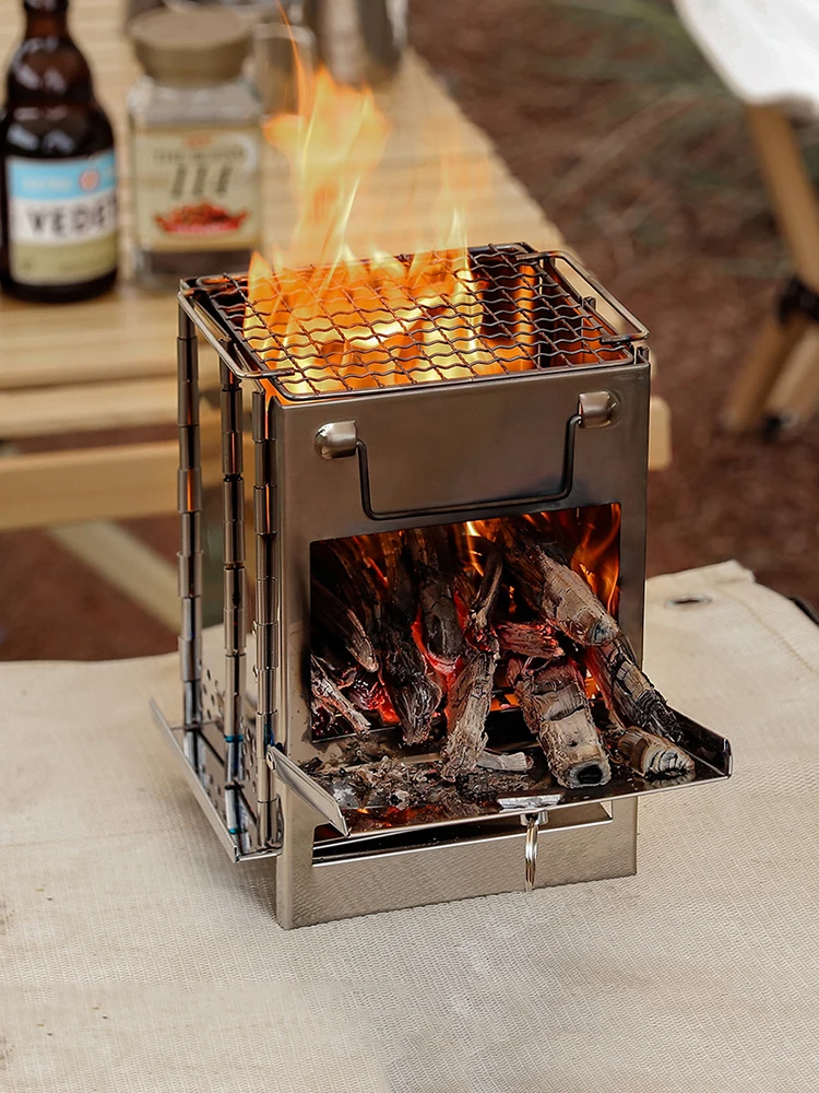 Camping Wood Grill Burning Stove Multipurpose Stainless Steel Folding Camp Stove Portable Wood Oven for Outdoor Picnic BBQ Tool