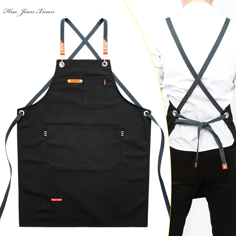2021 New Fashion Unisex Work Apron For Men Canvas Black Apron Bib Adjustable Cooking Kitchen Aprons For Woman With Tool Pockets