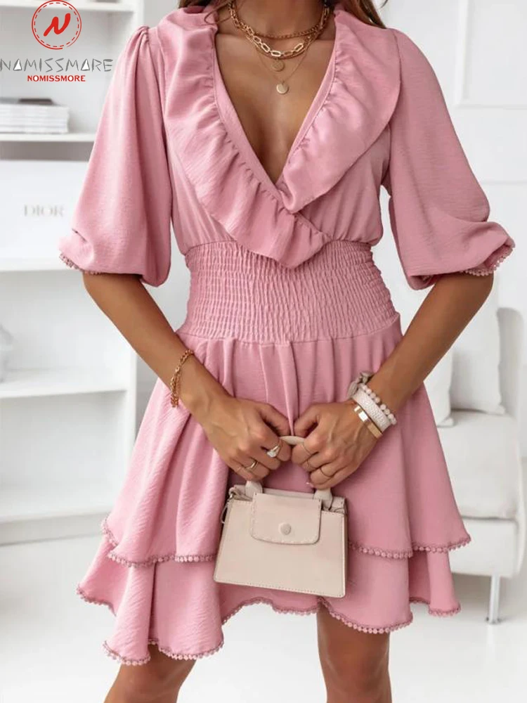

Women Summer Solid Color A-Line Dress Patchwork Design Ruffles Decor V-Neck Half Sleeve Elastic Mid Waist Slim Mini Dress