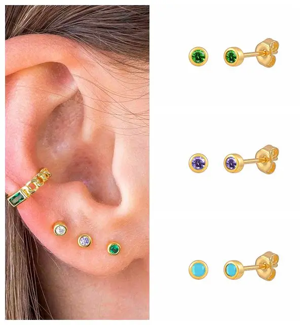 

925 Sterling Silver Needle Cute Mini Round Crystal Stud Earrings for Women Green/Purple/Turquoise Earrings Personality Jewelry