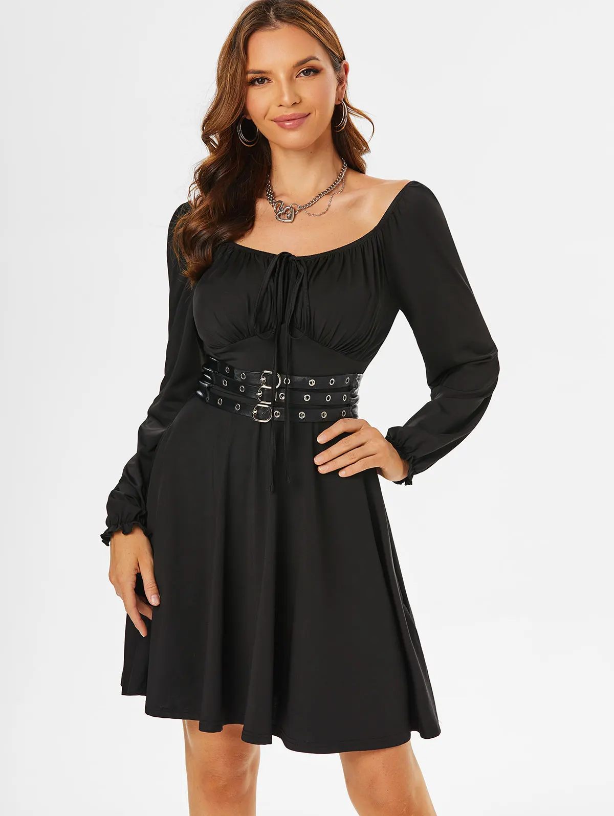 

Платье в готическом стиле с длинными рукавами и бантом; ТРАПЕЦИЕВИДНОЕ винтажное платье с рукавами «Бишоп»; Vestido Feminino M-3XL