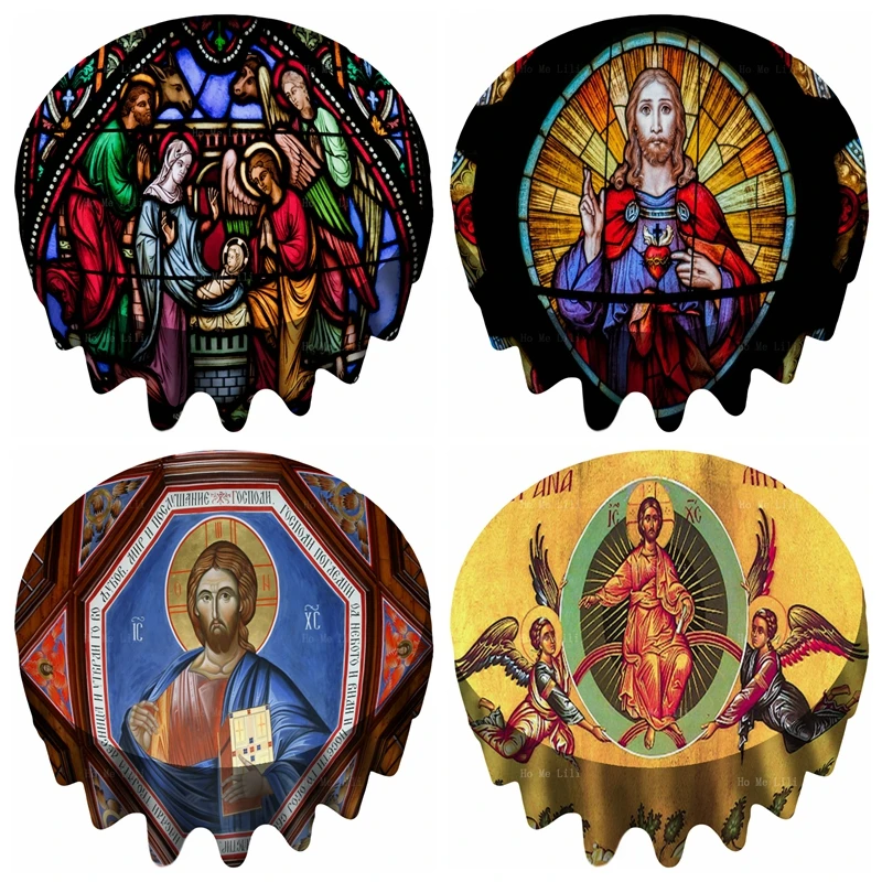 

Jesus Christ Ascension Nativity The Sacred Heart Stained Glass Holy Places Waterproof Round Tablecloth By Ho Me Lili Table Decor