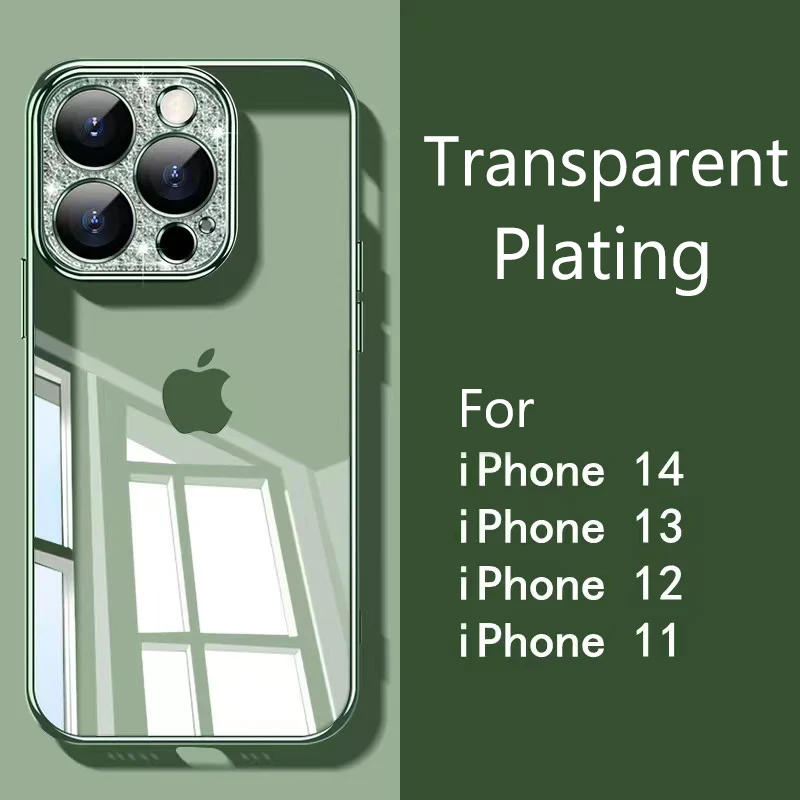 

Luxury Plating Square Diamond Lens Protector Silicone Case For iPhone 14 13 11 12 Pro Max XR X XS 8 7 Plus Soft Clear Back Cover