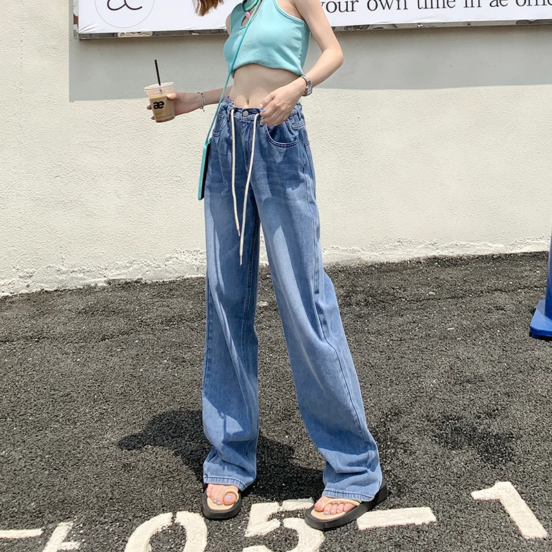 

2022 new jeans vintage personality drawstring bright color department high waist loose straight tube white casual jeans women