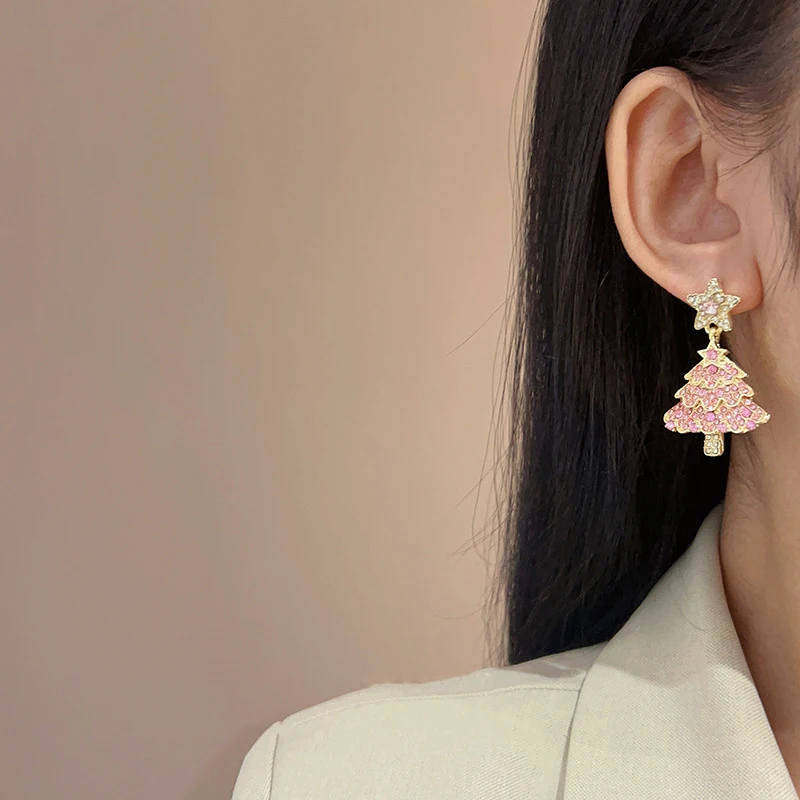 Y2K розовый циркон Рождественская елка серьги с кисточками Рождественские со