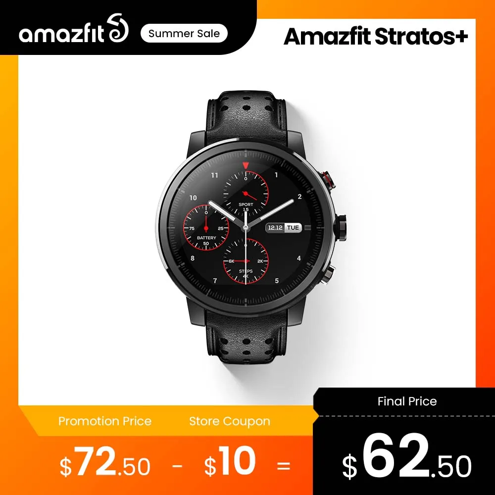 Original Amazfit Stratos+ Flagship Smart Watch Genuie Leather Strap Gift Box Sapphire Glass Flourorubber Stra for Android Phone