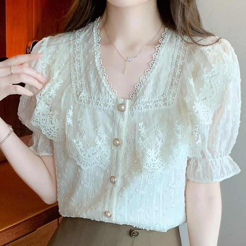 

Summer Vintage V Neck Button Tops Fashion Woman Floral Lace Blouse 2023 Stylish Elegant Puff Short Sleeve Shirts Blusas 27480