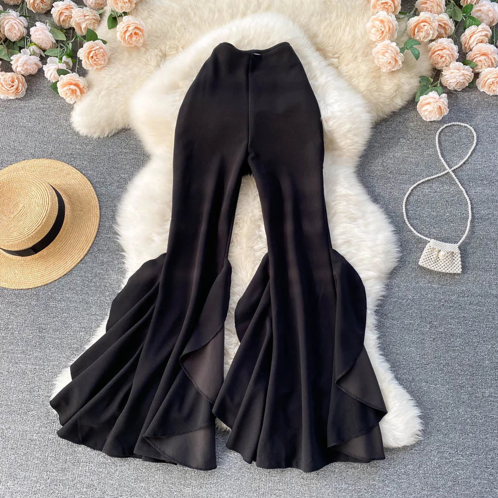 

2022 New Fashion Women Ruffle Flare Black Pants