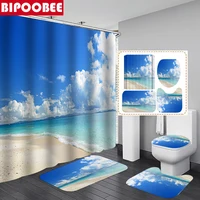 Blue Sky and White Clouds Sea Scenery Shower Curtains 3D Bathroom Curtain Ocean Bath Mat Rugs Non-Slip Carpet Toilet Lid Cover