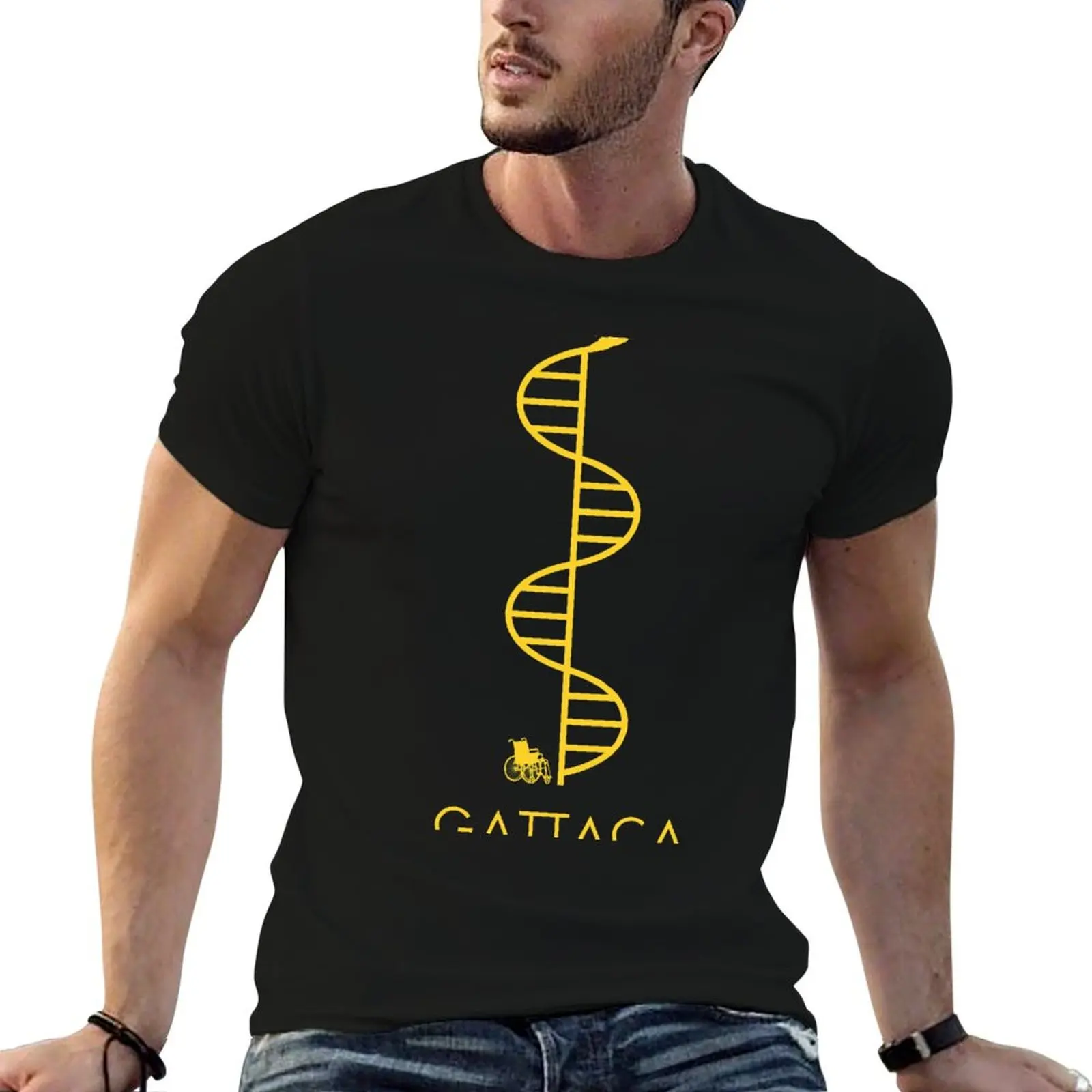 Фото GATTACA - Черная футболка с принтом для мужчин, черная хлопковая футболка, однотонная мужская футболка, комплект мужских футболок, 100% хлопок. №1