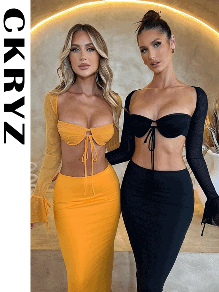 

Ladies Club Wear Y2K Summer Outfits For Women 2 Piece Long Sleeve Backless Crop Top And Maxi Skirt Matching Set Birthday Party