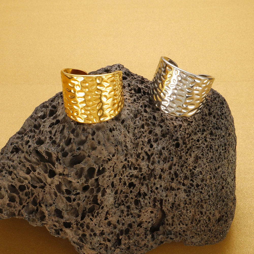 

Stainless Steel Minimalist Gold Plated Hammered Wide Open Cuff Rings For Women Girls Adjustable Finger Ring Jewelry