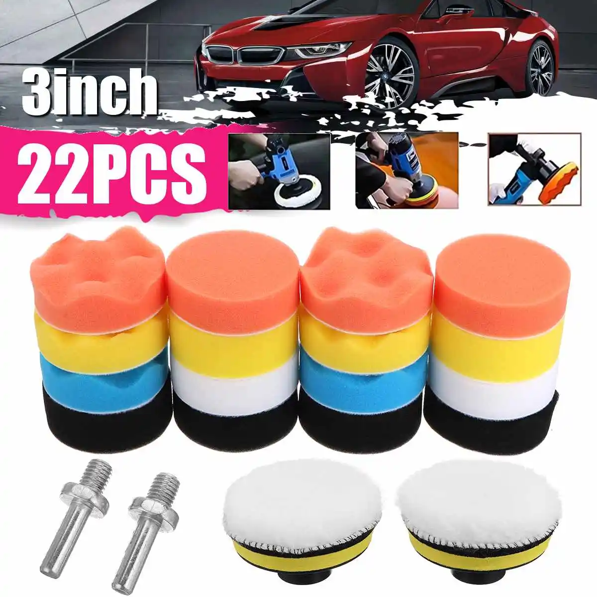 

22Pcs Car Polishing Waxing Sponge Wheel Polishing Disc Kit Set 3inch M10 Sponge Disc Pad For Car Polisher Auto Waxing Seal Tool