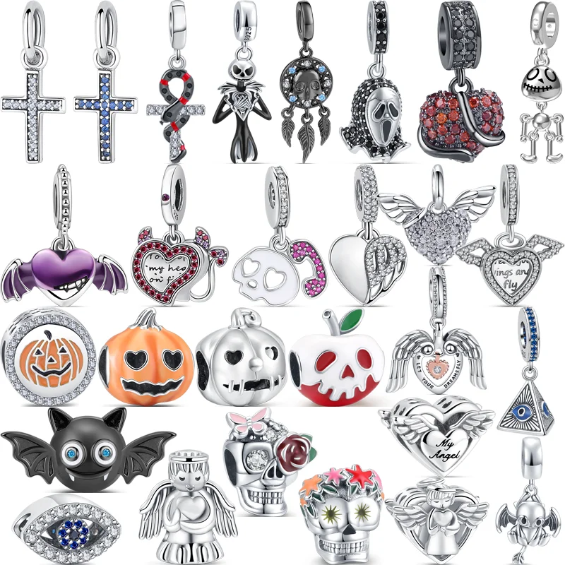 

925 Silver Demon Bat Angel Spooky Pumpkin Vampire Winged Heart Dangle Charm Beads Fit Original Pandora Bracelet DIY Jewelry Gift