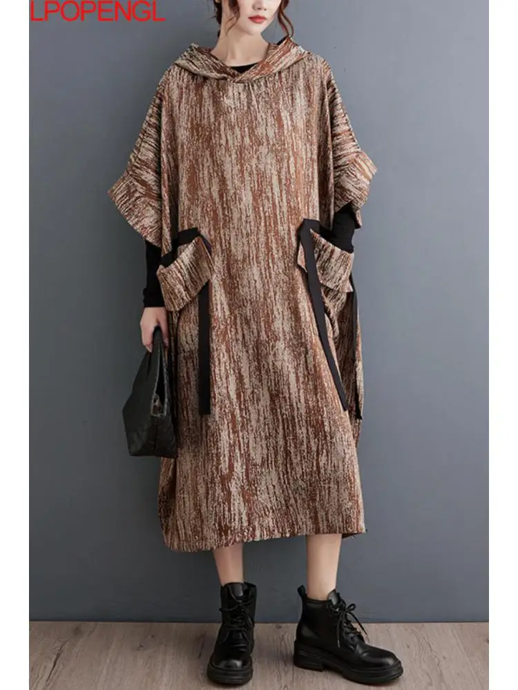 

Women's Autumn Batwing Sleeve Streetwear Dress Personality Big Pocket Casual Vintage Hooded Oversized Loose Waist Mid-calf Dress