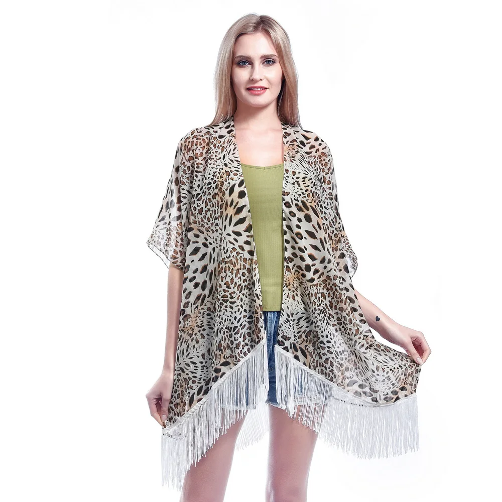

Women's Summer Lightweight Chiffon Leopard Shawl Swimsuit Cover Up Beach Cardigan with Tassels