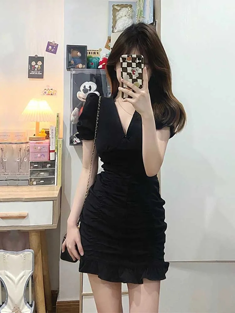 

Корейское мини-платье для женщин, модные женские халаты с пышными рукавами, Дизайнерские повседневные женские платья со складками, милое пр...