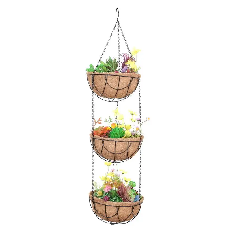 

Garden Hangings Baskets Three Layer Flower Pots With Coco-Liner Hangings Planter Plant Hanger Hangings Flower Basket Chain