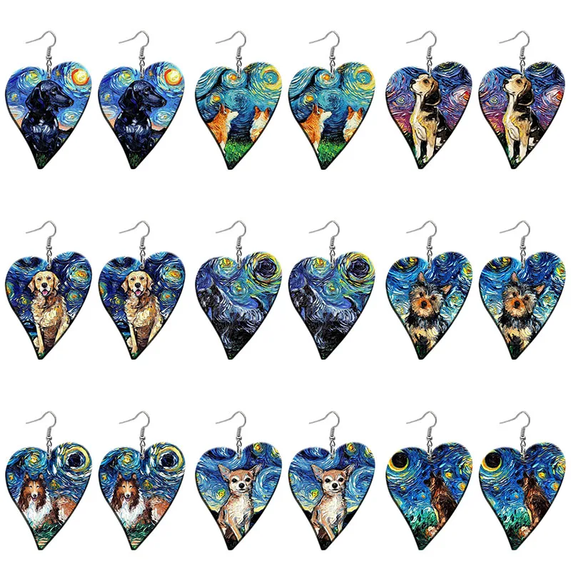 

Cute Dog Artist Pattern Acrylic Heart Drop Earrings For Women Stainless Steel Piercing Ear Hooks Jewelry Girls' Gift Z1250