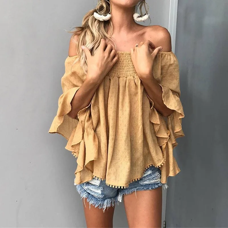 

Elegant and Fashionable Women's Printing Sexy Off-shoulder Top Flared Sleeve Top Summer Loose One-shoulder Fashion T-shirt Top