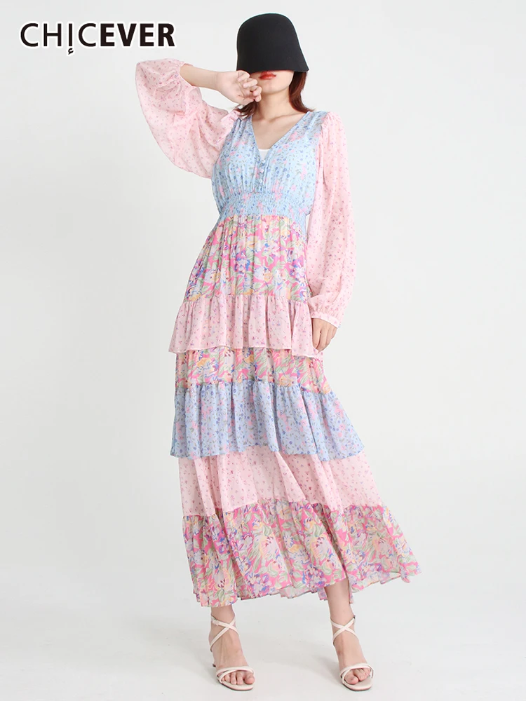 

CHICEVER Hit Color Dresses For Women V Neck Long Sleeve High Waist Folds Patchwork Floral Vintage Dress Female Clothes 2022 New