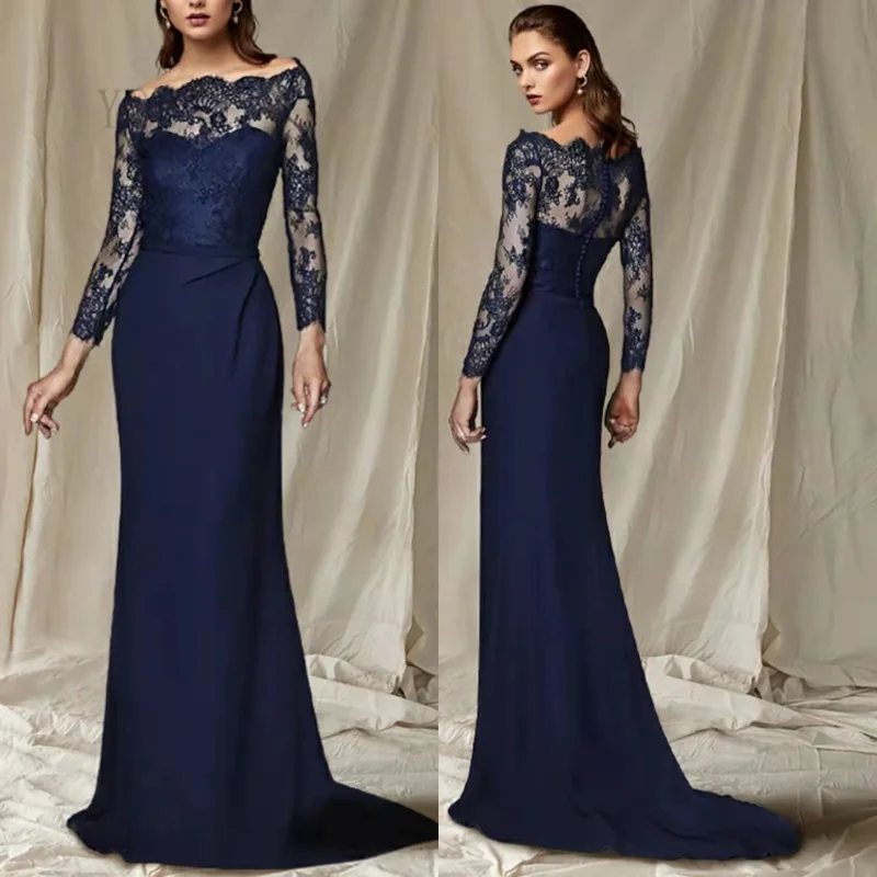 

Elegant Long Lace Navy Blue Mother of the Bride Dresses Mermaid Chiffon 3/4 Sleeve Sweep Tarin Mother of Groom Dresses for Women