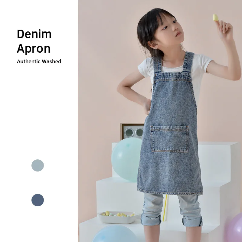 

Children's Washed Denim Apron Boy's Painting Smock Game Anti-dirty Girl's Bib Advertising Kids Pinafore Nostalgic Clothing