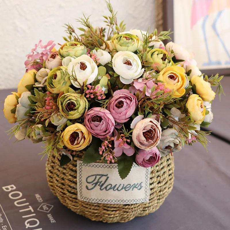 

1pc Artificial Peony Tea Rose Flowers Camellia Bouquet 6 Heads 2 Hydrangea Silk Fake Flower Flores For Home Wedding Decorations