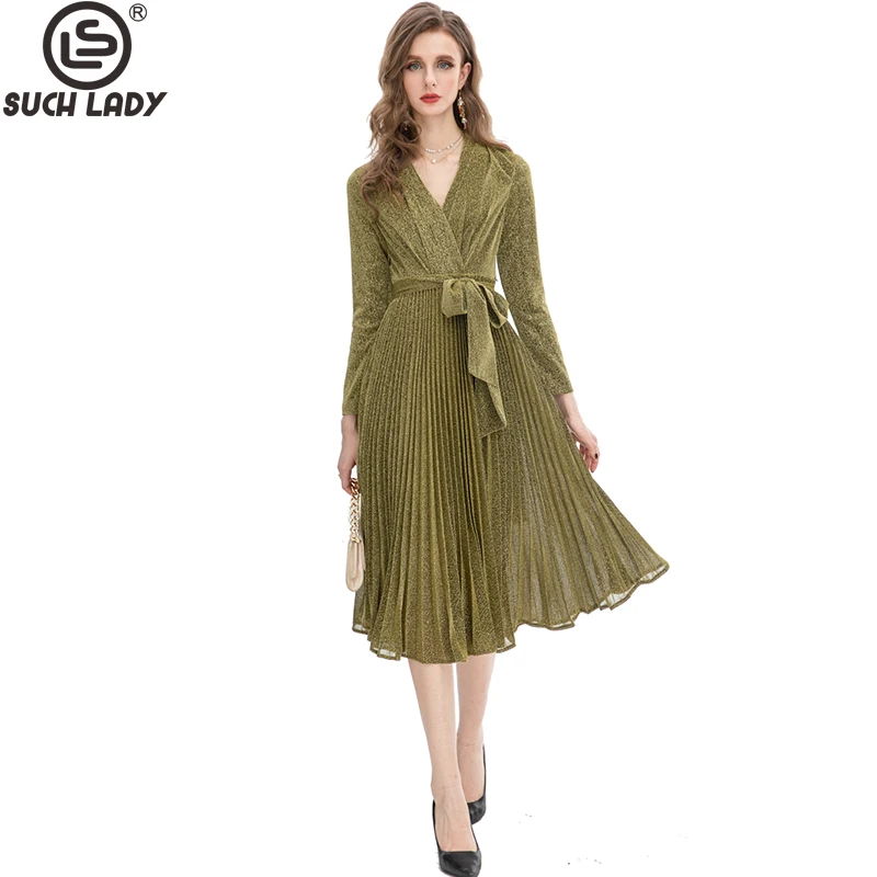 

Женские модельные платья, привлекательные плиссированные элегантные модные дизайнерские платья с V-образным вырезом и длинным рукавом, со шнуровкой и бантом