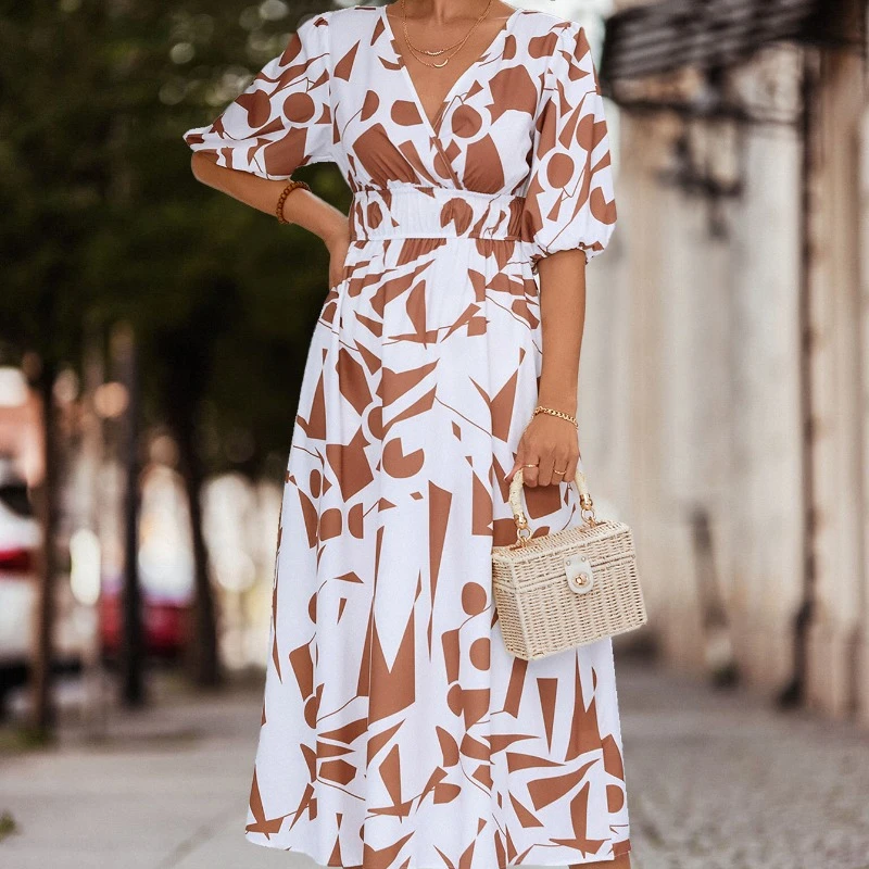 

New 2023 Summer Dress Women Geometric Printing V-neck Long Dress Casual Fashion Dresses 2023