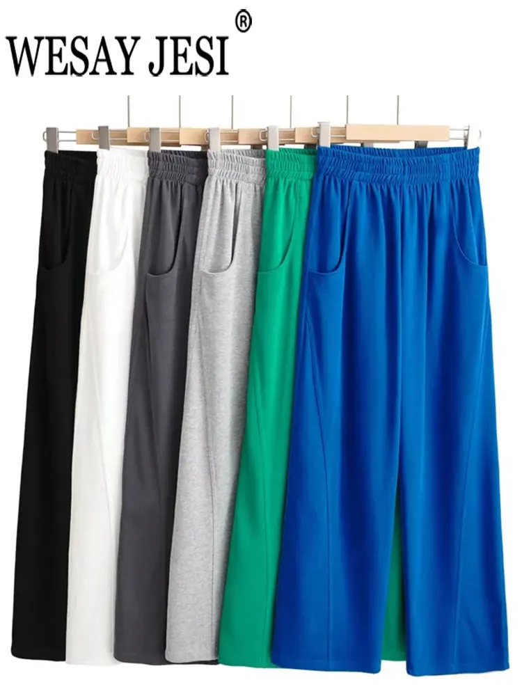 

WESAY JESI Fashion Women's Casual Pants Loose Pockets Solid Color Elastic Waist Wide Leg Pants Casual Versatile Everyday Street