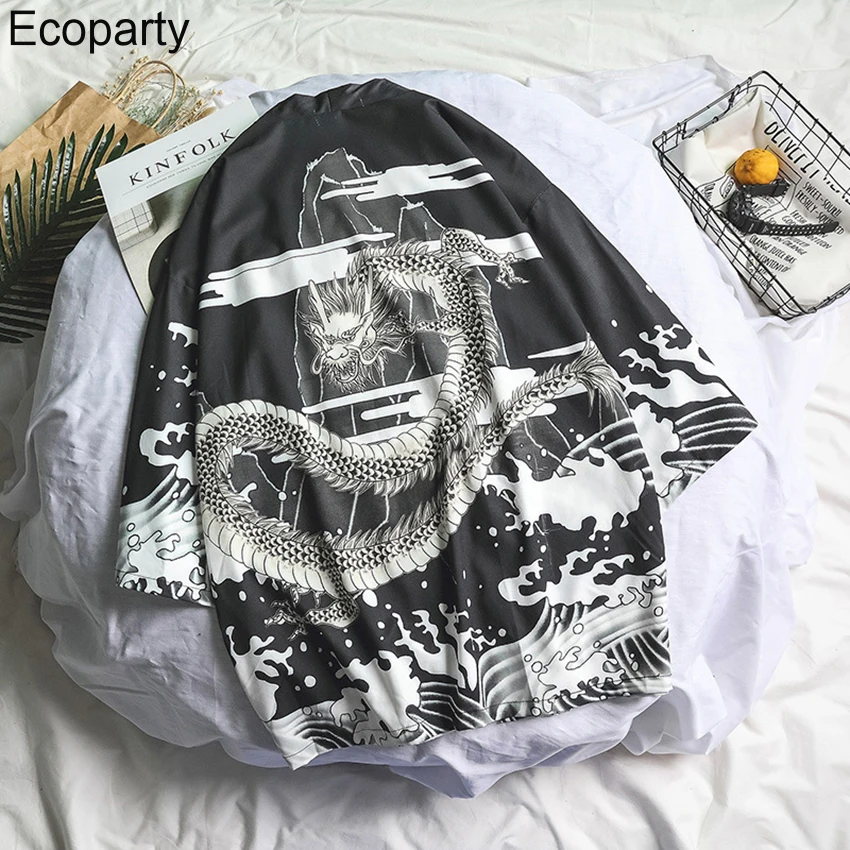 

Man 2022 Japanese Traditional Kimono Cardigan Chinese Style Dragon Print Blouse Man's Summer Harajuku Loose Tops