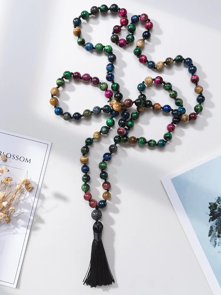 

OAIITE 8MM Color Tiger Eye Mala Necklace for Women Men Japamala 108 Beads Meditation Yoga Prayer Beaded Boho Necklace Jewelry