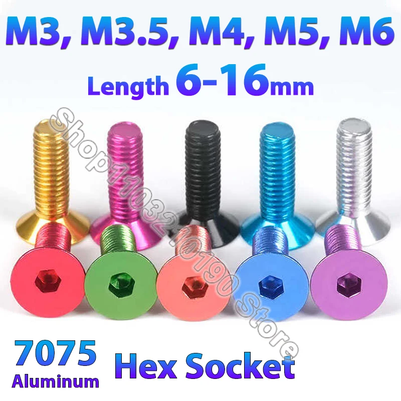 

1 шт. цветной алюминиевый плоский шестигранный винт M3 M3.5 M4 M5 M6 с шестигранной головкой и потайной головкой, болт L = 6/8/10/12/14/15/16 мм