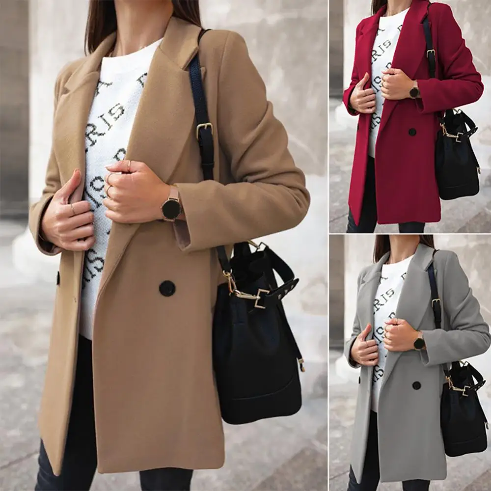 

Ele-choices Korean Style Women Autumn Winter Fashion Wide Lapel Double-line Buttons Warm Coat Outwear for Office Daily