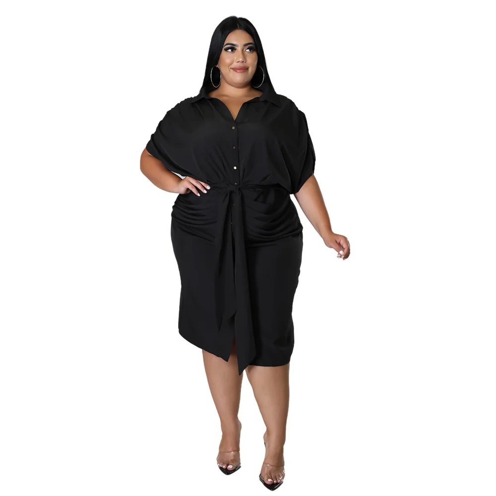 Plus Size Women's Dresses Fashion Casual Short-sleeved Belt Slim Solid Color Dresses Spring Summer Large Size Female Shirt Tops