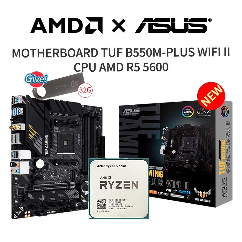 

New ASUS TUF Gaming B550M-PLUS WIFI II Motherboard + AMD R5 5600 CPU Suit Socket AM4 Without Fan