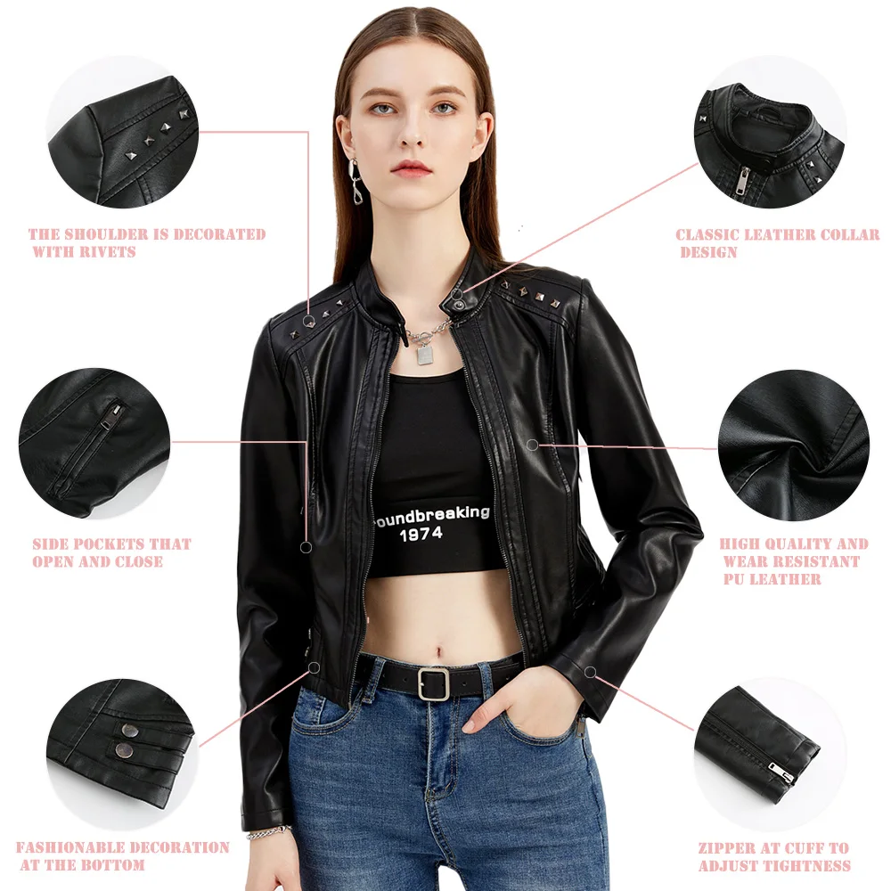 

Wholesale Spring Autumn Fashion Stand Collar Long Sleeve Leather Ladies Jacket S-3XL Coat