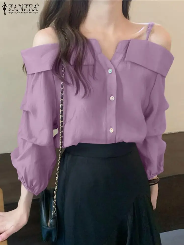 

Рубашка ZANZEA Женская с длинным рукавом, модная пикантная блузка с открытыми плечами, винтажный Топ на пуговицах, со складками, однотонная свободная туника, осень 2023