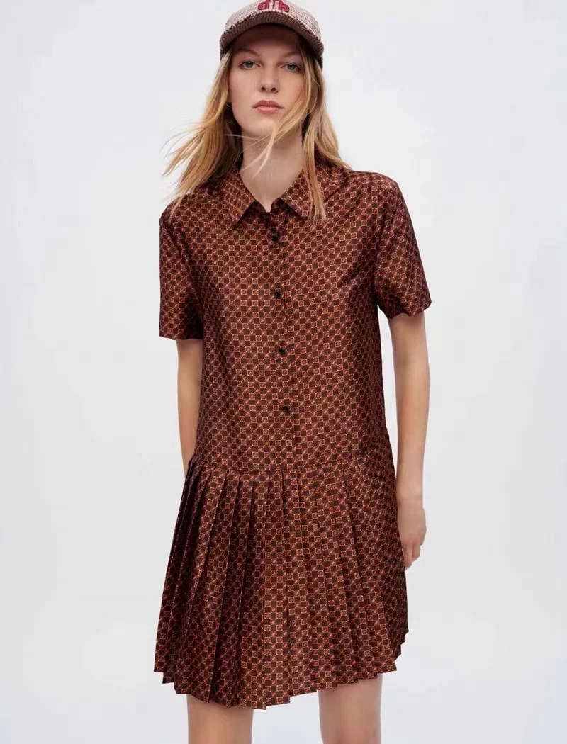 

Polo Collar Short-sleeved Dress 2022 Autumn New Commuter Retro Single-breasted Loose and Thin Pleated Skirt High Quality