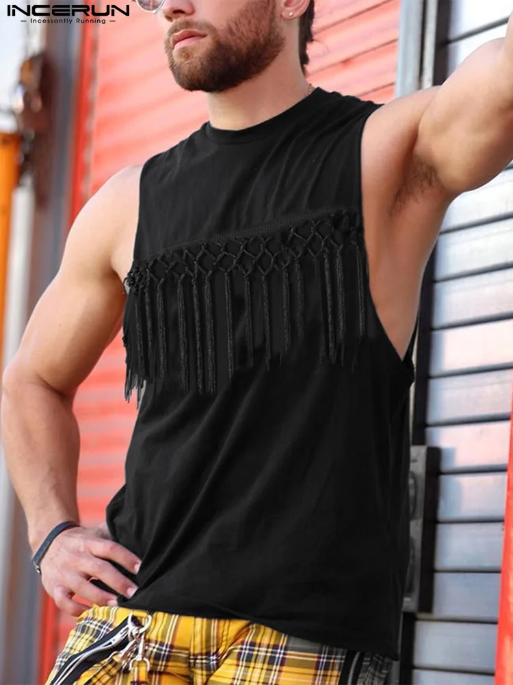 

INCERUN Men Tank Tops O-neck Sleeveless Solid Color Personality Tassel Casual Vests 2022 Streetwear Fashion Men Clothing S-5XL