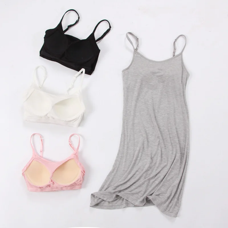 Summer Sexy Women's Padded Vest Nightdress Sleeveless Vest Dress Cotton Pajamas Padded Breast Bra Suspender Nightdress New