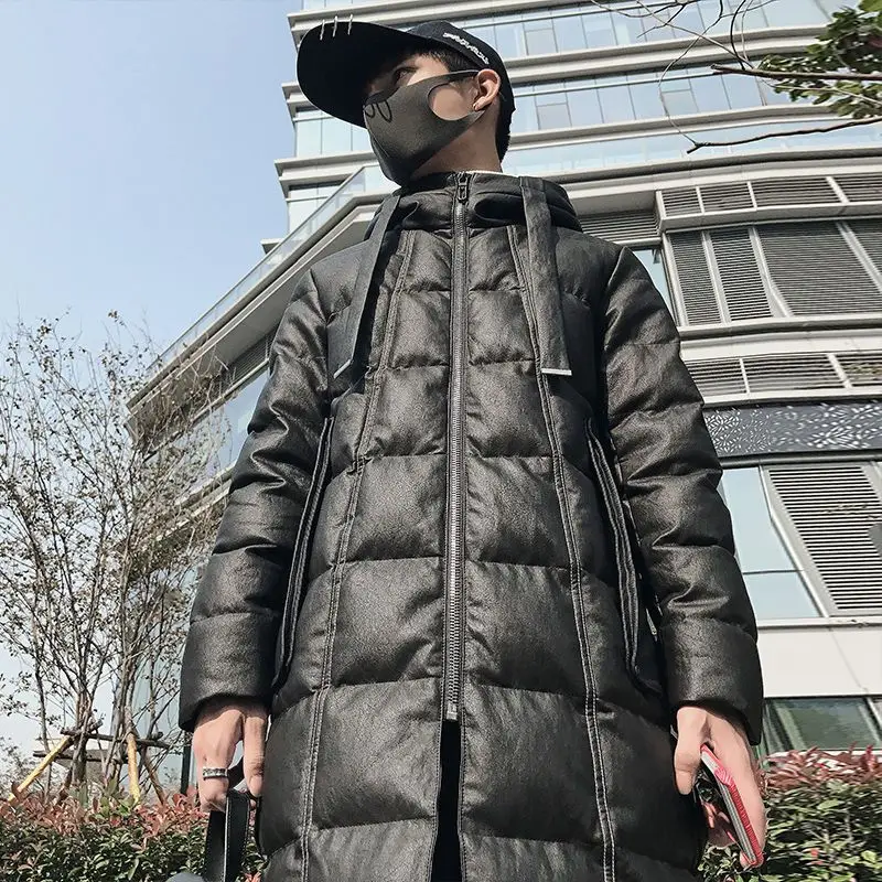 Men's Jacket Parkas Men's Winter Jackets Men's Cold Jacket Long Coat Hooded PU Leather Thicken and Keep Warm Cotton-padded Coat