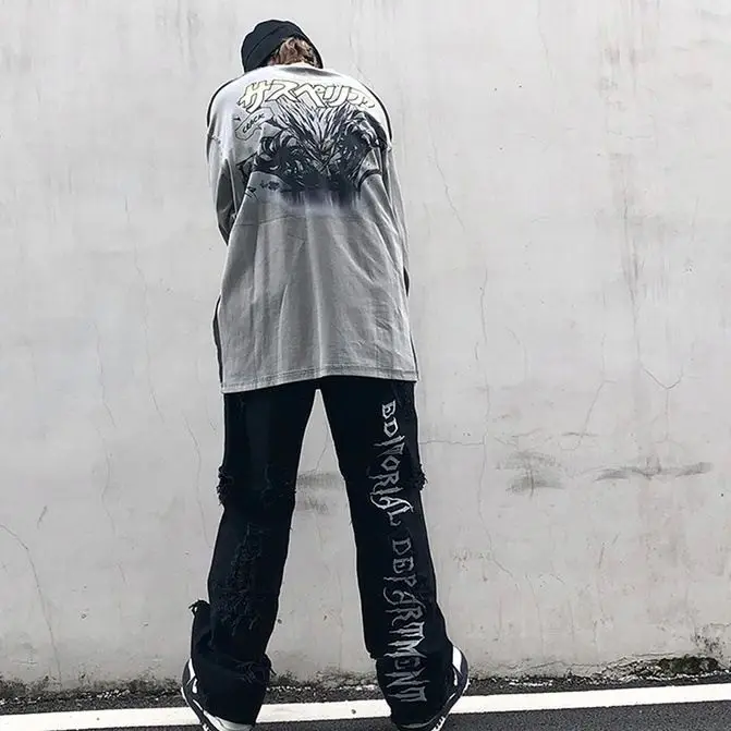 ICCLEK  Fall Ripped Jeans Men's Jeans Stitching Jeans Fashion Casual Pants Plus Size Jeans  Men Clothing  Black Jeans