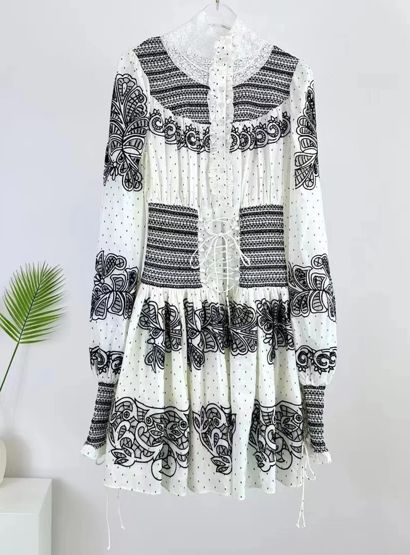 100%Cotton Dress 2023 Spring Summer Party Events Women Sexy Cross String Lace Embroidery Deco Long Sleeve Short Dress Club Wear