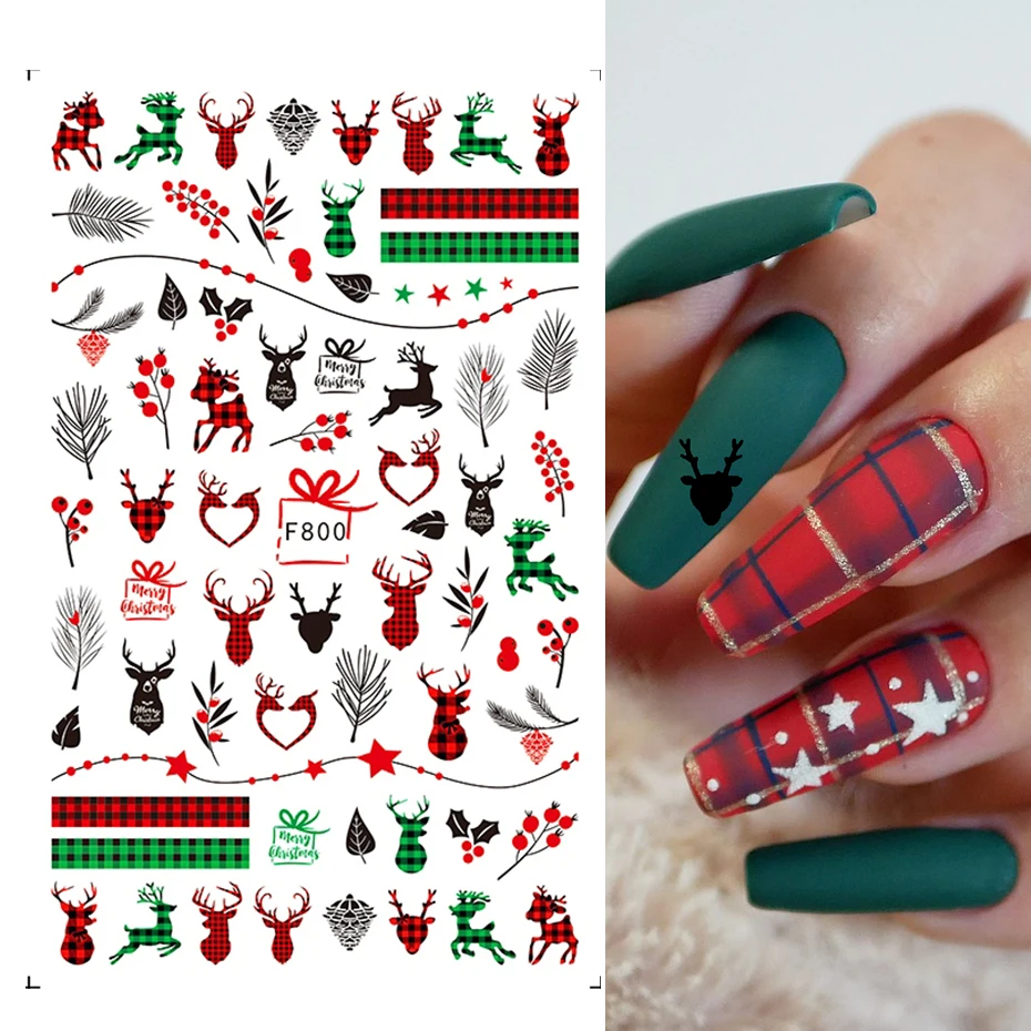 Merry Christmas 3D Nails Sticker Winter Snowflake Elk Xmas Trees Cartoon Adhesive Sliders Nail Art Accessories Decals BEF797-801