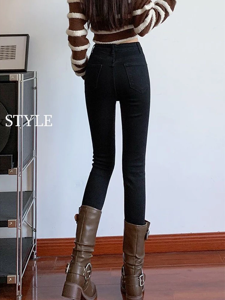 Зимние черные джинсы-карандаш длиной до щиколотки узкие плюшевые бархатные